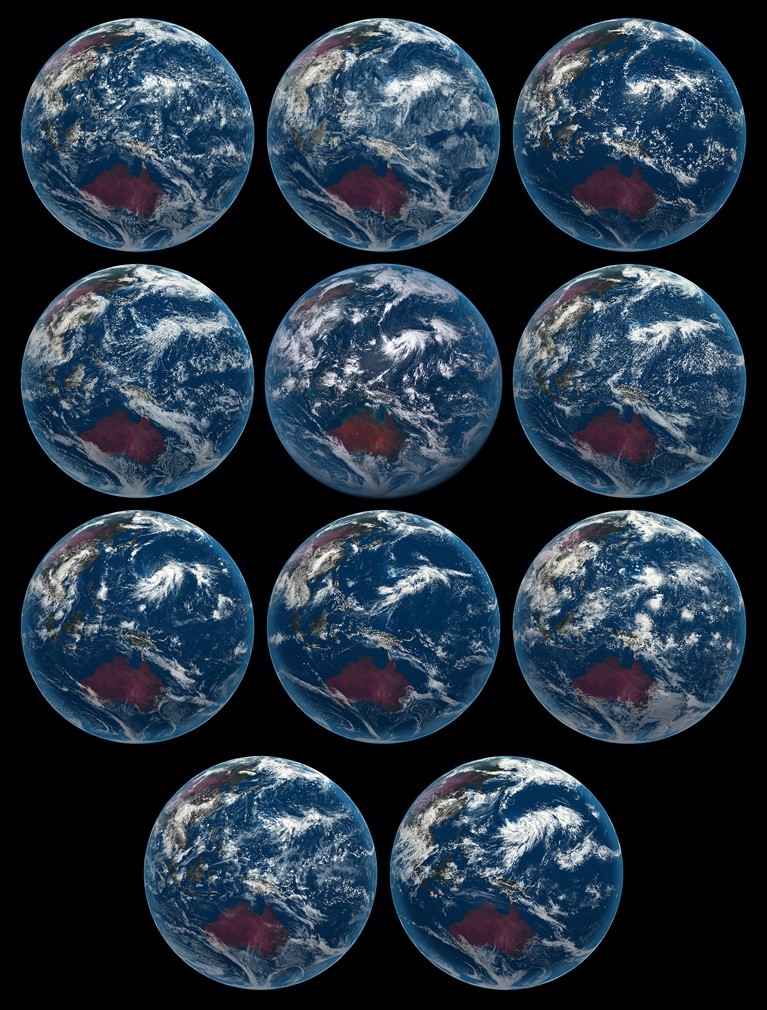Snapshot of DYAMOND models. A snapshot of the models taken from the perspective of the Himawari 8 is shown. The images are for the cloud scene on 4 August 2016 and are qualitatively rendered based on each model’s condensate fields to illustrate the variety of convective structures resolved by the models and difficulty of distinguishing them from actual observations. From left to right: IFS-4 km, IFS-9 km, and NICAM (top row); ARPEGE, Himawari, and ICON (second row); FV3, GEOS5, and UKMO (third row); and SAM and MPAS (bottom row). For details see Stevens et al., 2019, PEPS.