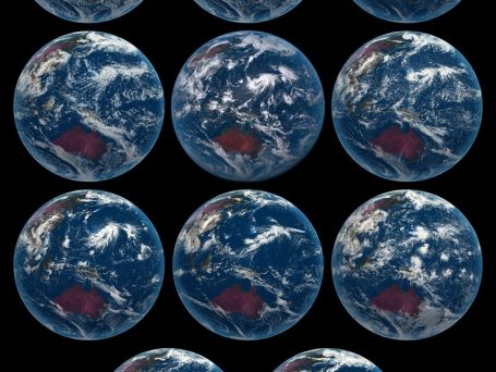 Snapshot of DYAMOND models. A snapshot of the models taken from the perspective of the Himawari 8 is shown. The images are for the cloud scene on 4 August 2016 and are qualitatively rendered based on each model’s condensate fields to illustrate the variety of convective structures resolved by the models and difficulty of distinguishing them from actual observations. From left to right: IFS-4 km, IFS-9 km, and NICAM (top row); ARPEGE, Himawari, and ICON (second row); FV3, GEOS5, and UKMO (third row); and SAM and MPAS (bottom row). For details see Stevens et al., 2019, PEPS.